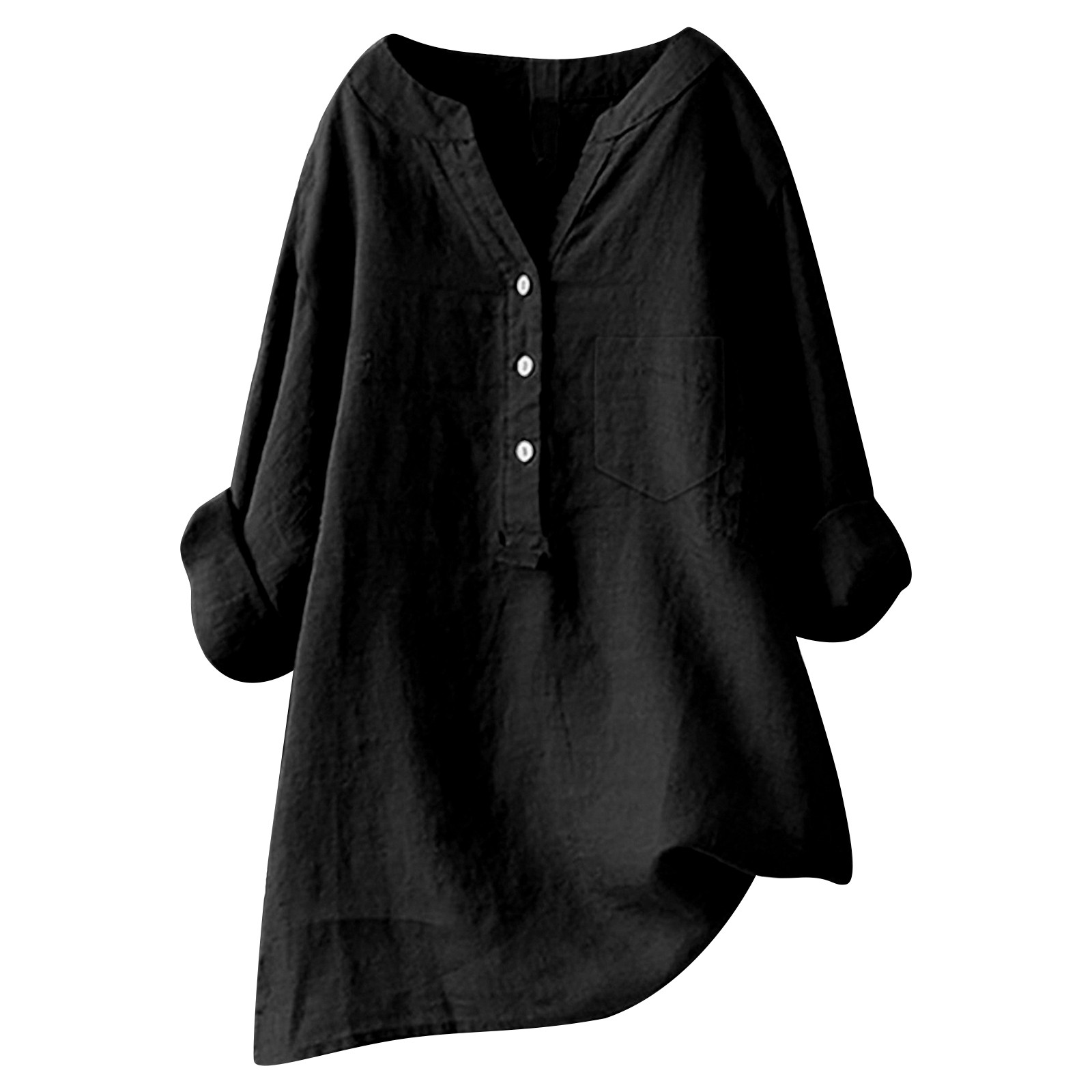 thumbnail image 4 of Camisa holgada de lino liso para mujer: manga larga abotonada, cuello mao, mezcla de poliéster, elegante e informal, 4 of 4